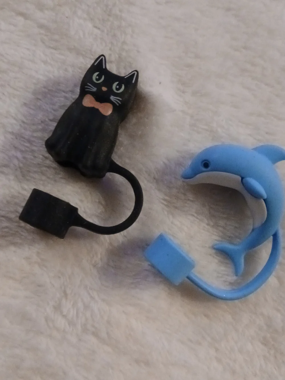 STRAW TOPPERS Black Cat & Blue Dolphin [BPA FREE!] YOU CHOOSE!
